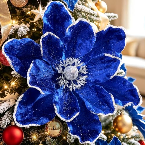 Blue 8PCS Large Christmas Magnolia Flower Decorations for Tree & Wreath