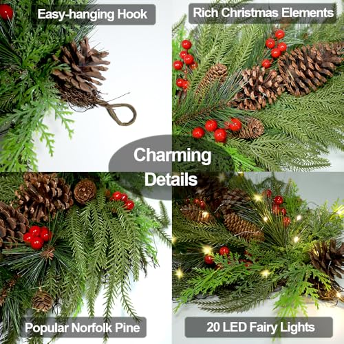 27.6-Inch Pre-Lit Christmas Teardrop Swag with Warm LED Lights & Pinecones