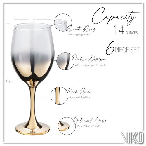 Vikko Decor Gold Ombre Wine Glasses: 14 Ounce Fancy Stemmed Wine Glasses Durable & Dishwasher Safe Great Gift Idea Set of 6 Decorative Goblets