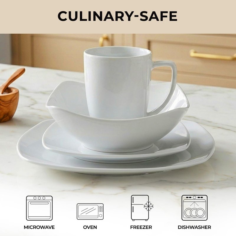 Zulay Kitchen Luna Plates and Bowls Sets, 12 Piece Modern Porcelain Dish Set for 4, Chip and Scratch Resistant Square Dinnerware Set, Microwave and Dishwasher Safe, Pearl White