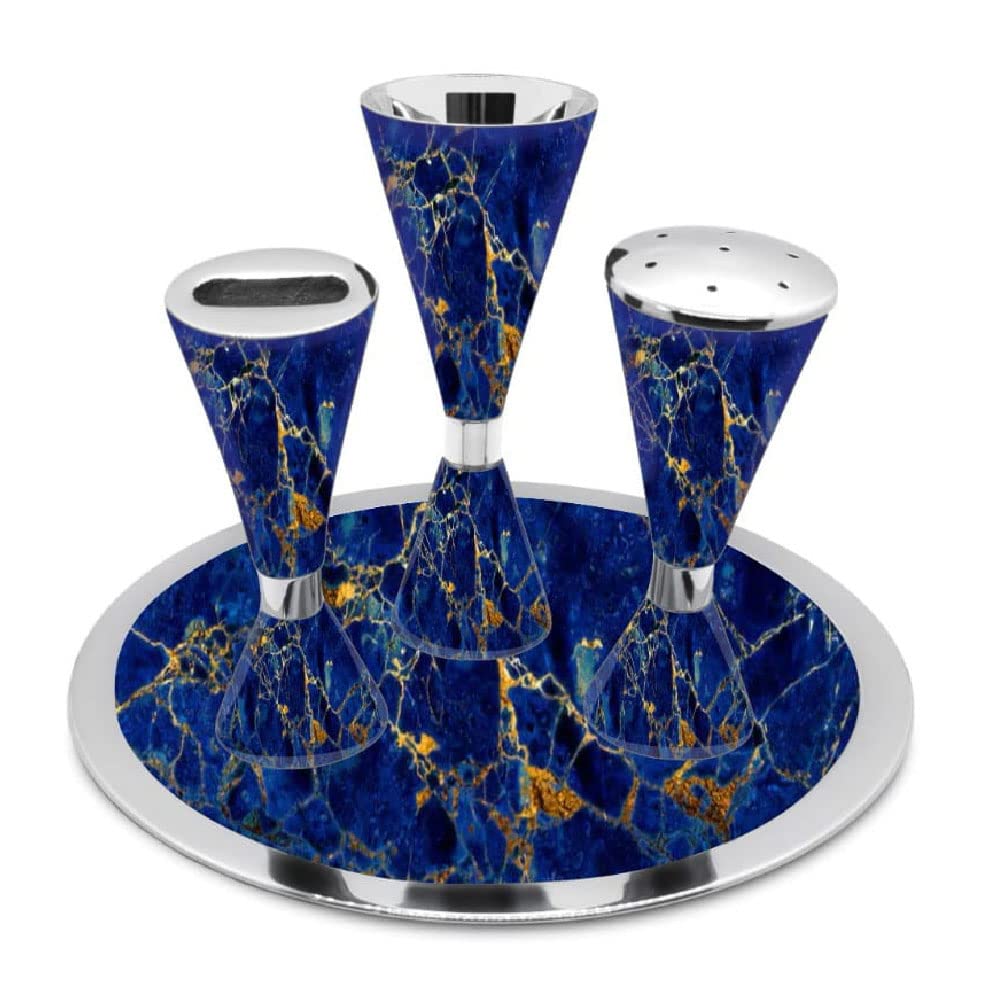 Elegant End of Shabbat Havdalah Set Contemporary Style Nickel Plated Blue Marble Decal - Footed Kiddush Cup Goblet, Tray, Havdulah Candle Holder, Besamim Spice Box Shabbos Decoration by Zion Judaica