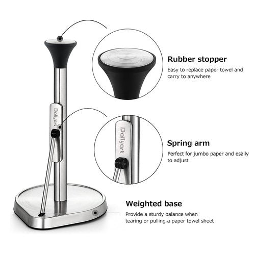 Dailyart Paper Towel Holder Stand for One Hand Tear with Tension Arm, Heavy Duty Paper Towel Holder Countertop with 2.65lb Weighted Base, Kitchen Paper Towel Holders Counter Fit Most Size Paper Roll