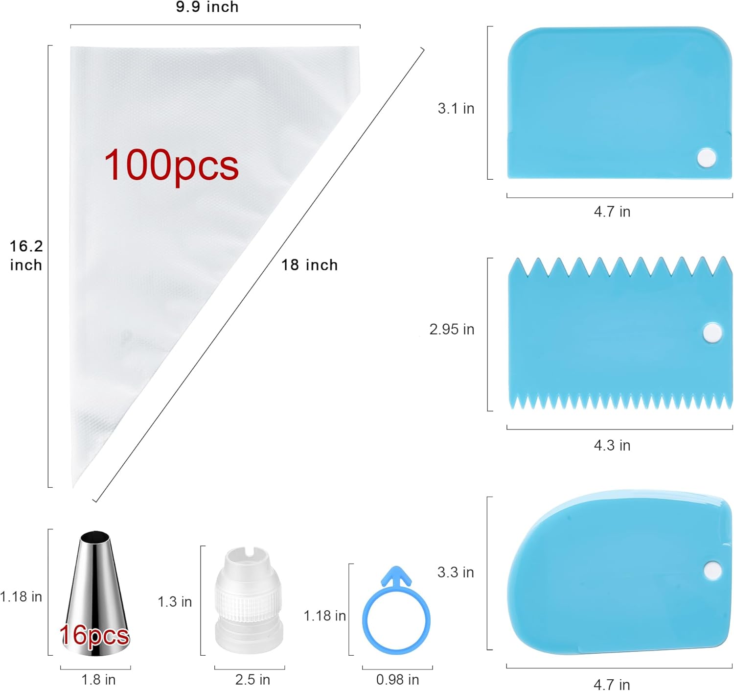 Skiennix Piping Bags and Tips Set - 100pcs 18 Inch Pastry Bags with 16 Tips, 3 Scrapers & More