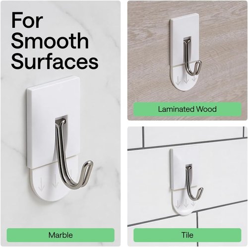 GORILLA GRIP Heavy-Duty Adhesive Hooks - Damage-Free Wall Hanger for Kitchen & Bathroom | 5 Pack with 2 Extra Strips