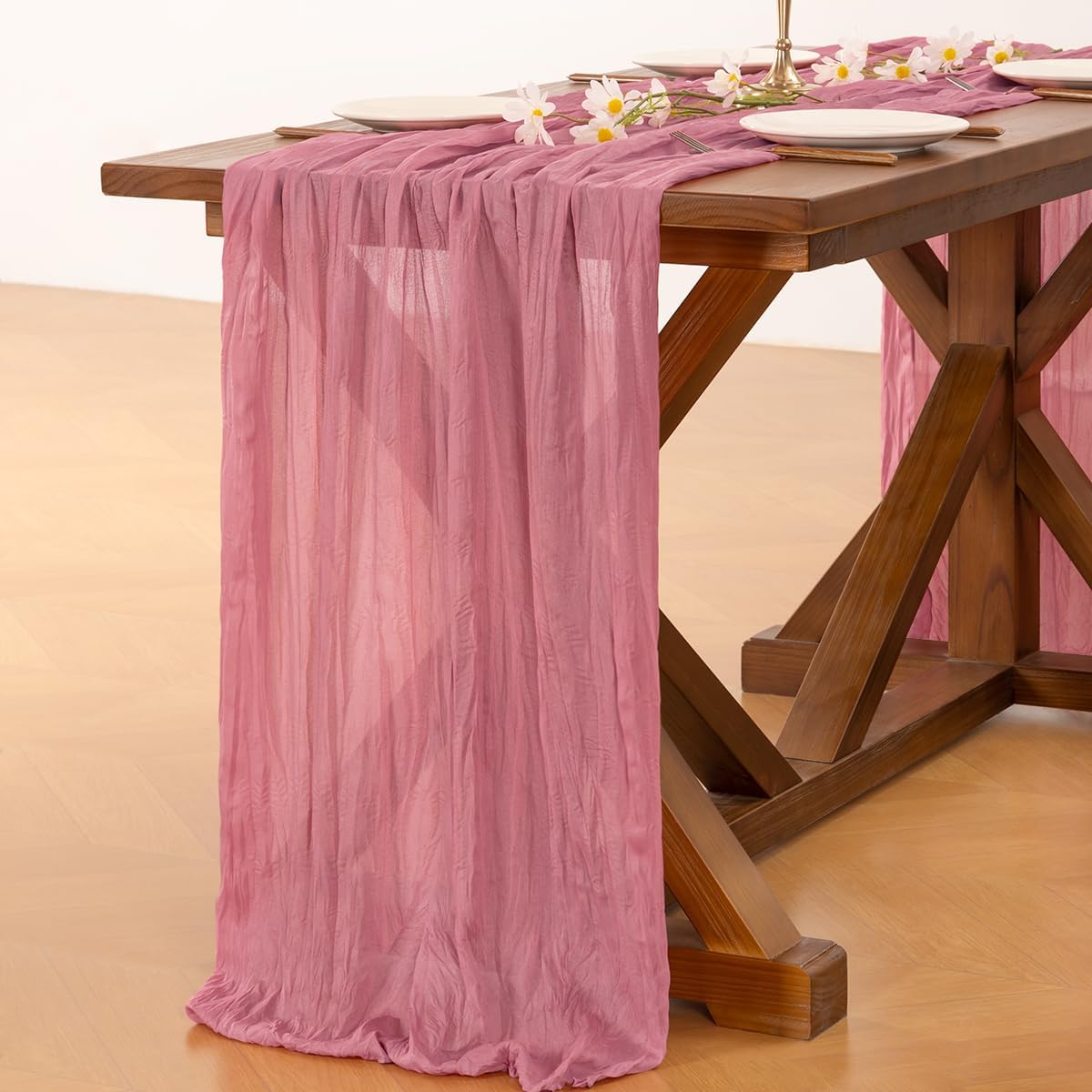 Socomi Cheesecloth Table Runner - 3pcs Mauve Boho Rustic Design | 120 Inch for Weddings & Events