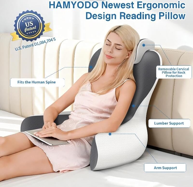 22" Ergonomic Reading Pillow with Armrests for Bed Support