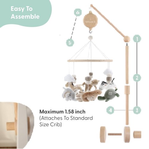 The Peanutshell Crib Mobile for Boys or Girls - Wooden Musical Baby Crib Mobile with 12 Lullabies, Jungle Animal, Baby Mobile Crib Safari Serenity Nursery Decor