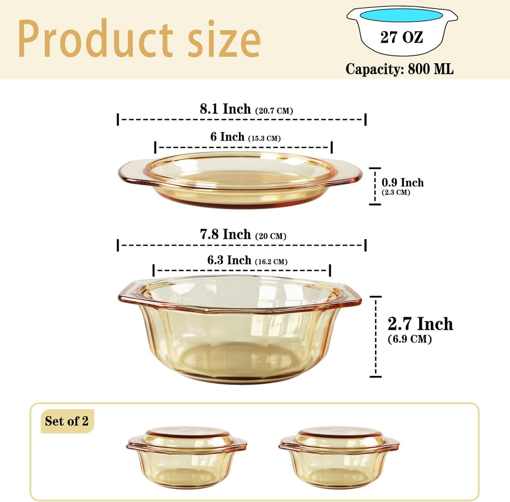 Regine Switzerland Glass Casserole Dish - 27oz Round Baking Dish with Lid & Handles | Oven Safe Cookware