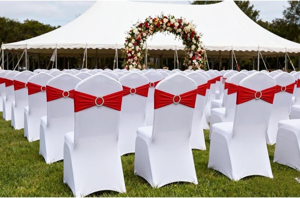 Red Chair Sashes 50 Pack | Spandex Chair Bands for Wedding & Party Decor - Elegant Red