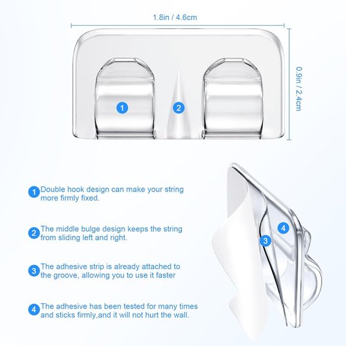 Hetyue Heavy Duty Light Hooks - 66Pcs Waterproof Adhesive Clips for Outdoor String Lights | Clear Cord Holders