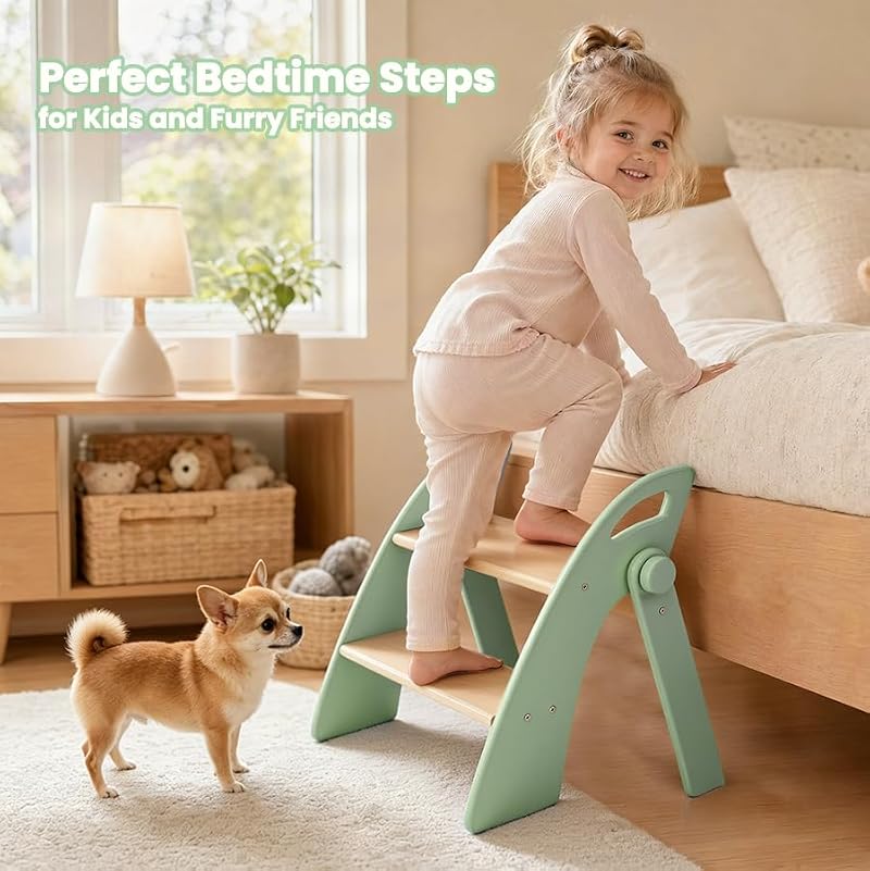 Foldable 2-Step Bamboo Stool for Toddlers with Handles and Non-Slip Pads