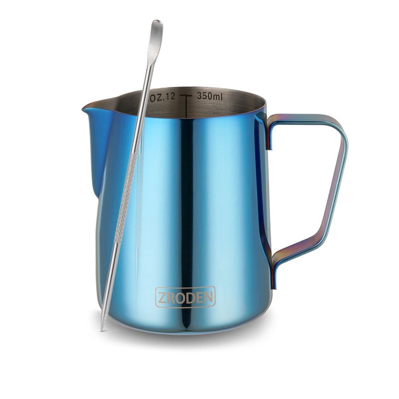 Milk Frothing Pitcher, 20oz Espresso Steaming Pitchers Stainless Steel Cappuccino Coffee Machine Accessories Barista Tools Steam Froth Pitchers Milk Jug Cup with Decorating Pen Latte Art, Blue