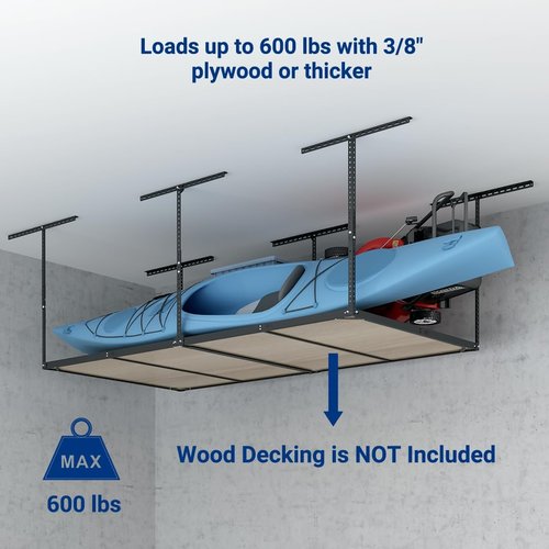 FLEXIMOUNTS 4x8 Overhead Garage Storage Rack - Heavy Duty Metal Ceiling Organizer, 600lbs Capacity, Black