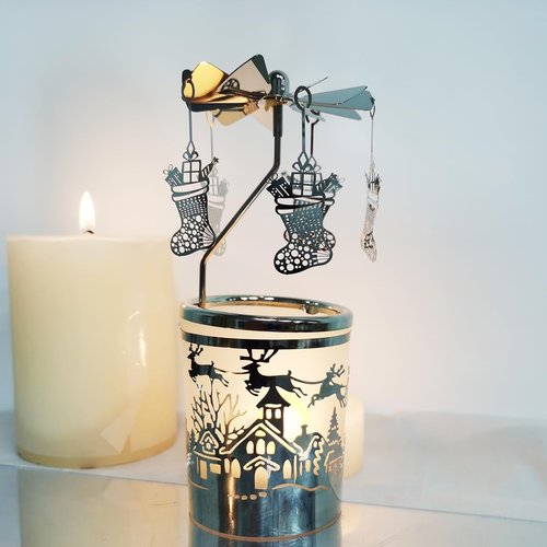 Kingnero Carousel Candle Holder - Spinning Metal Tea Light Candlestick for Home Decor | Christmas Socks Silver