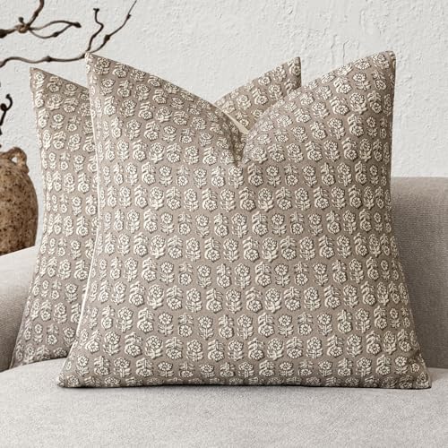 Foindtower Vintage Floral Throw Pillow Covers, 20x20 Inch Set of 2 - Tan Taupe