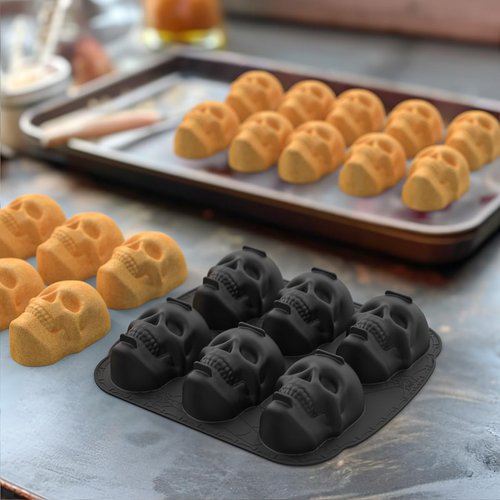 6 Cavities Large Skull Cake Pan Silicone Mold - 3D Skull Ice Cube Mold, Halloween Silicone Molds Bpa Free for Chocolate, Jelly, Wax Melt, Ice Cubes, Gelatin and Resin