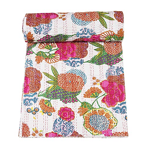 Handmade Reversible Cotton Kantha Quilt - Fruit Print, Twin Size