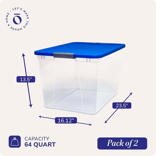 HOMZ 2-Pack Clear Plastic Storage Bins - 64 Quart Stackable Organizer with Blue Lids for Home & Office