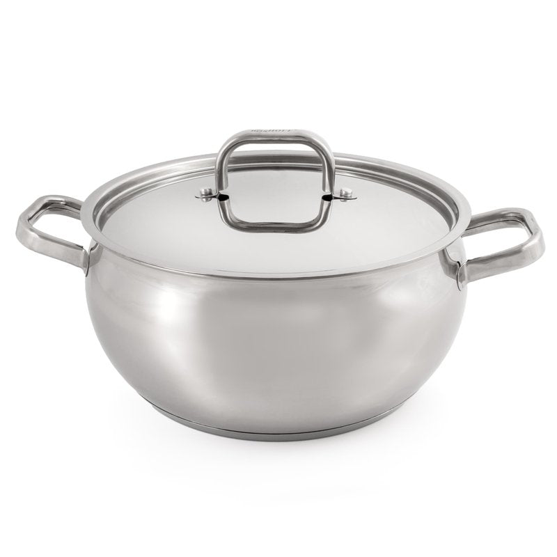 BergHOFF Belly Shape 18/10 Stainless Steel 9.5 inches Stockpot 5.5qt., Metal Lids, Fast, Evenly Heat, Induction Cooktop Ready