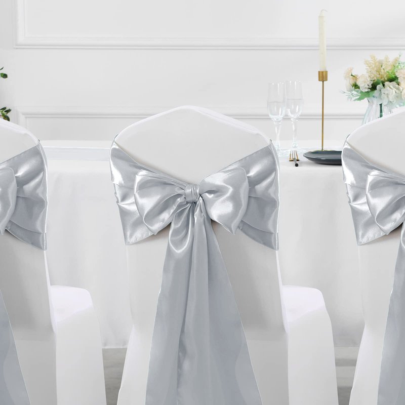Manyshofu 12Pcs Satin Silver Table Runner - 12 x 108 Inch Long Size, Party Table Runner Decor Bright & Smooth Wedding Decorations Runners for Banquet Chef Birthday Buffet Dinner Graduations