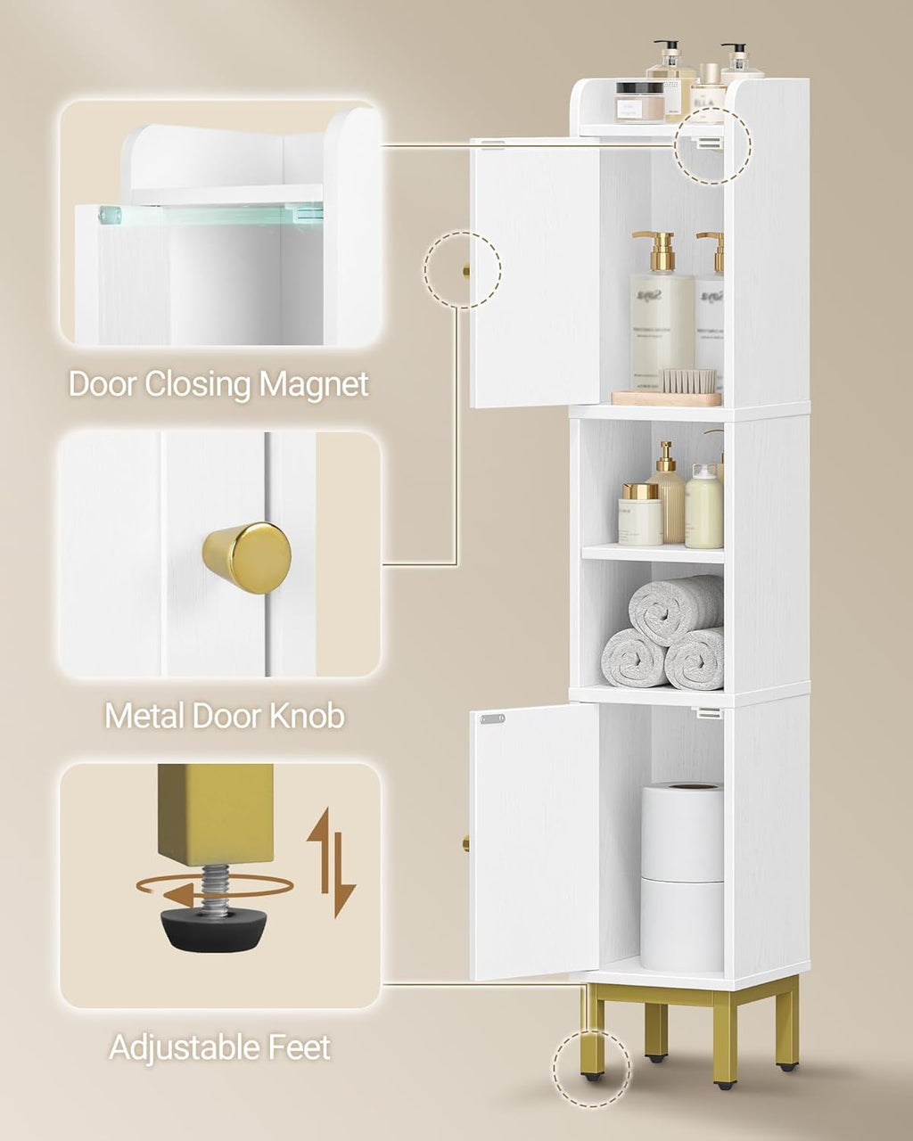 Hzuaneri Slim Bathroom Storage Cabinet, Narrow Bathroom Organizers and Storage with 4 Adjustable Feet, Laundry Room Organization for Small Space, Kitchen, Living Room, 2 Doors White BC22413G