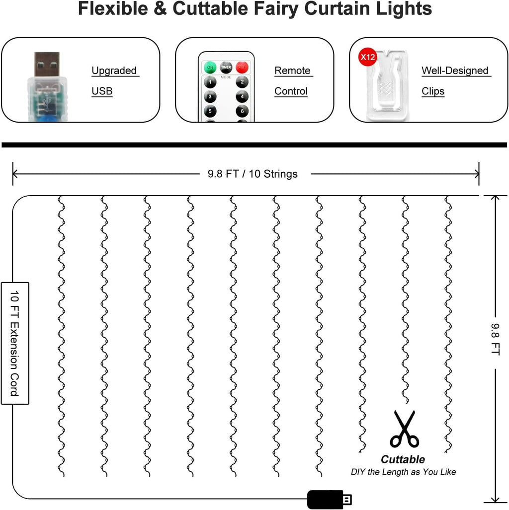 Skiennix 300 LED Fairy Curtain Lights - 9.8 x 9.8FT Warm White USB with Remote | 8 Modes for Christmas & Events