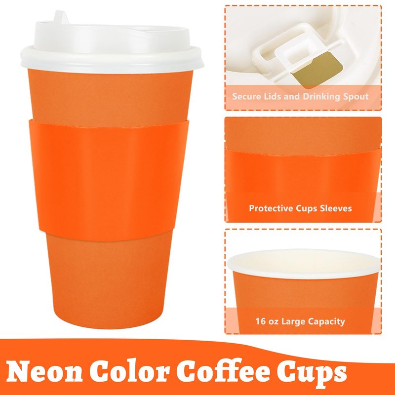 Whaline 100Pcs Neon Color Disposable Coffee Cups with Lids and Sleeves Fluorescent Paper Cups 4 Colors Drinking Cup for Home Restaurant Party Supplies