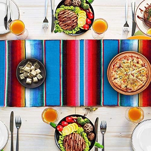 Fowecelt Mexican Serape Table Runner 14 x 84 in Blue Pack of 2 Hand-Woven Cotton
