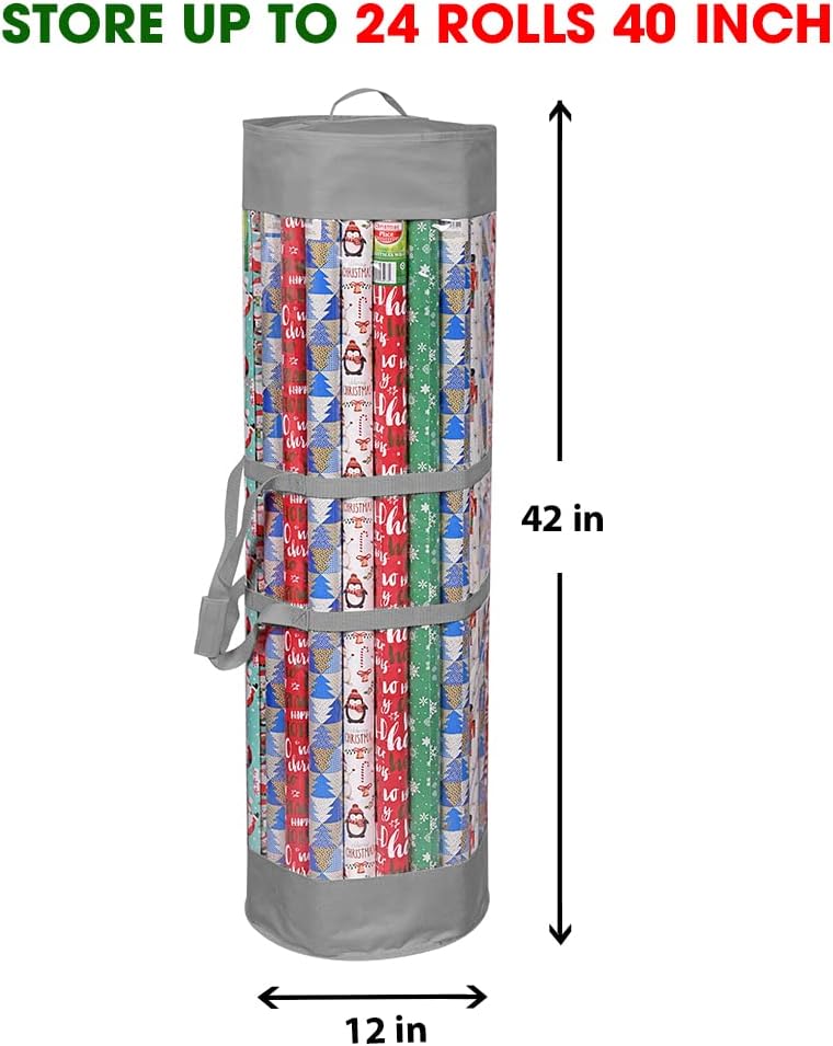 ProPik Wrapping Paper Organizer - Heavy Duty Storage Bag for 24 Rolls, Fits 40-Inch Long Wraps | Gray & Clear