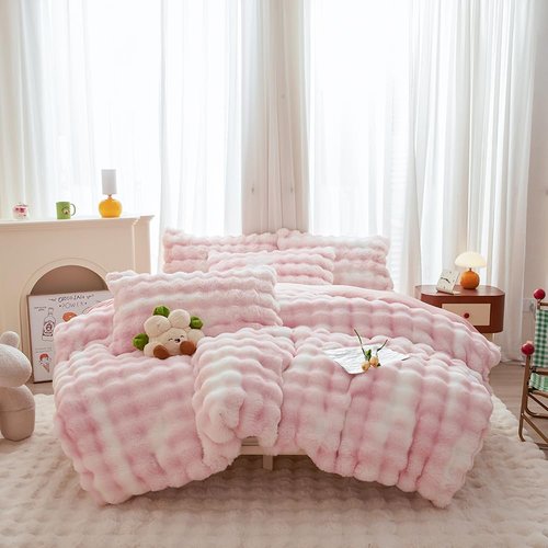 chovy Pink White Rabbit Plush Faux Fur Bread Grid Comforter Sets Twin/Full - 3PC Bed Set Ultra Warm Soft Skin Friendly Flannel Velvet Fluffy Fuzzy Bedding（Comforter x 1 Pillowcases x 2）
