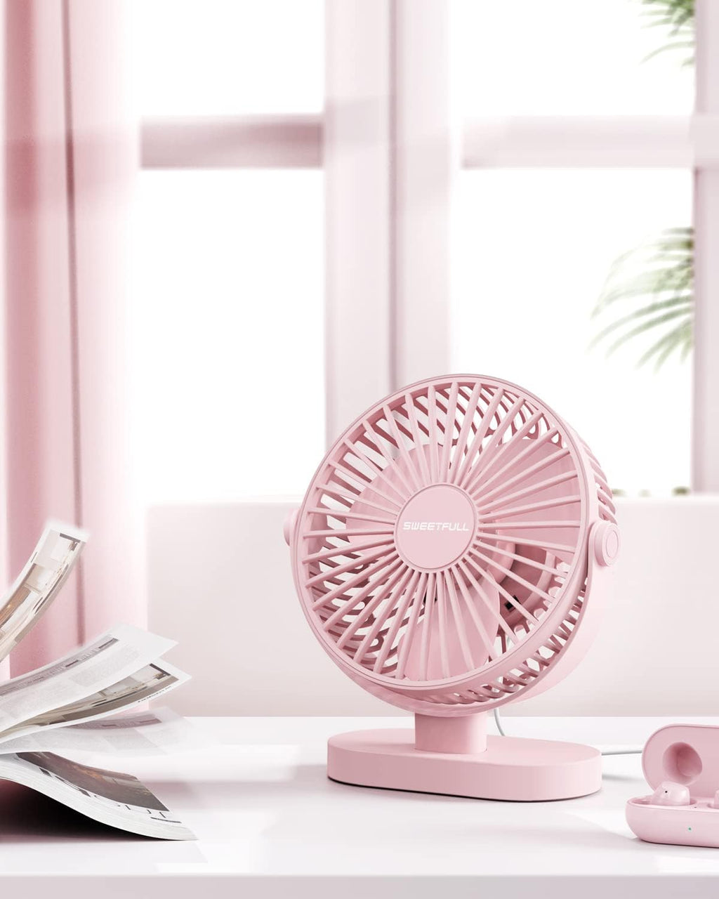 Sweetfull USB Desk Fan - 3-Speed Portable Mini Fan with 360° Rotation | Quiet Operation for Home & Travel (Pink)