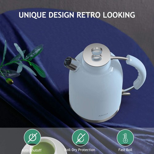 ASCOT Electric Kettle, Stainless Steel Kettle Water Boiler, Fast Boiling Kettle, 1.5L, 1500W, BPA-Free, Cordless, Automatic Shutoff, Boil-Dry Protection(Blue)
