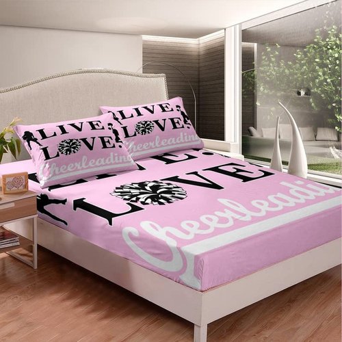 Cheer Fitted Sheet Queen Girls Cheerleading Bed Sheet Set for Kids Teens Adults Cheerleader Deep Pocket Sheet Pink Cheer Sports Room Decor Bed Cover 3Pcs with 2 Pillow Case