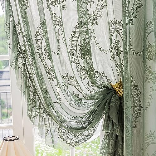 Lace Sheer Curtains with Scallop Ruffle - 70 Inch Vintage Floral Panels - 2 Pack