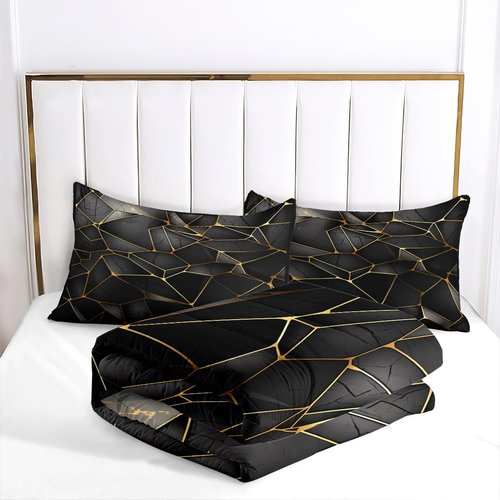 CCoutueChen Black Gold Geometric Comforter Set King Size Golden Metallic Foil Bedding Set Triangles Marble Print Comforter for Men Teens Boys 3Pcs Soft Summer Lightweight Bed Set