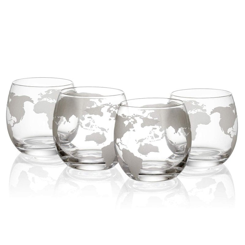 Etched World Decanter Car Whiskey Globe With 4 World Map Glasses - The Wine Savant Whiskey Gift Set Globe Decanter with Antique Car, Whiskey Great Gift Alcohol Related Gift 750ml Decanter 8 Oz glasses