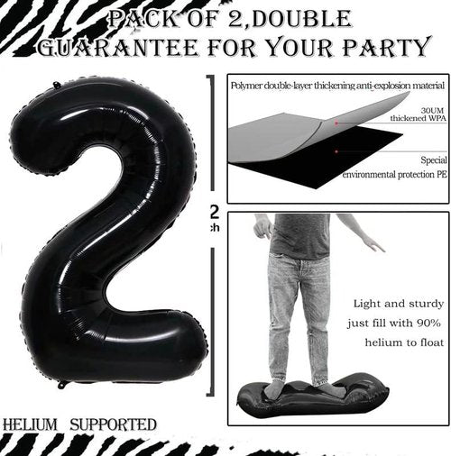 GOER Black Foil Number 2 Balloons - Giant 42 Inch, 32 Inch & 16 Inch for 2nd Birthday Party Decorations