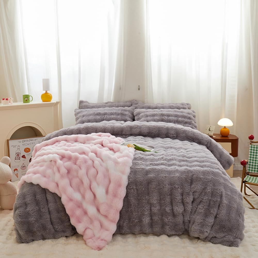 Roscloud Rabbit Plush Kids Girls Gray Comforter Cover Duvet Cover Twin - 3PC Faux Fur Bed Set Soft Warm Velvet Flannel Fluffy Fuzzy Bedding（Comforter x 1 Pillowcases x 2）