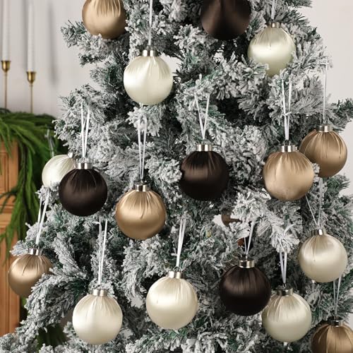 Bornerwhite Champagne Brown Satin Christmas Ornaments Set of 15 - 3.15 Inch Holiday Tree Decorations