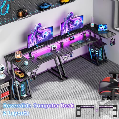 40-Inch L-Shaped Gaming Desk with LED Lights, Power Outlets & Storage Shelves