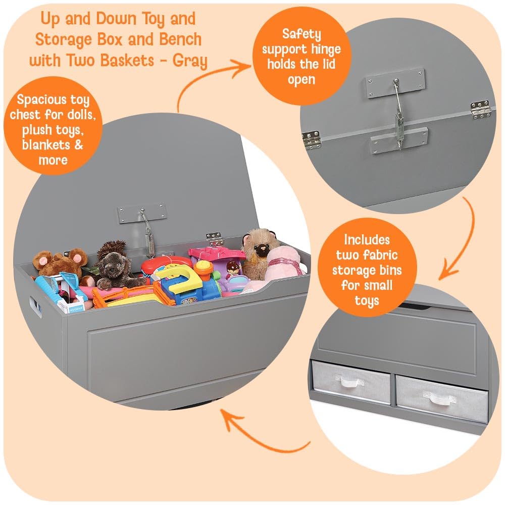 Badger Basket Toy Box and Storage Bench - Chest and Seat Combo with 2 Reversible Baskets, Safety Hinge Lid - Kids Toy Organizer for Playroom or Bedroom - Gray