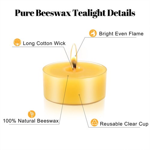 150Pcs Beeswax Tealight Candles, 100% Pure Beeswax Tea Candles | 4-Hour Extended Burn Time | Natural Bees Wax Tea Light Candle in Clear Cup, Perfect for Home Deco,Air Purification
