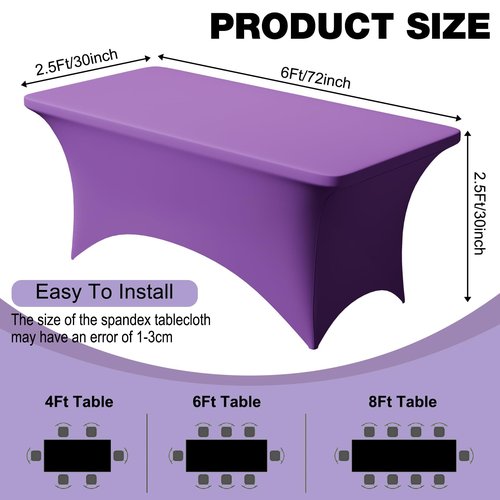 Trlyc 2 Pack 6FT Spandex Table Cloth - 72 x 30 Inch Rectangular Stretch Tablecloth, Wrinkle Resistant Scretch Table Cover for Wedding, Party, Banquet, Picnic, Outdoor Decoration (2Pcs,Purple)