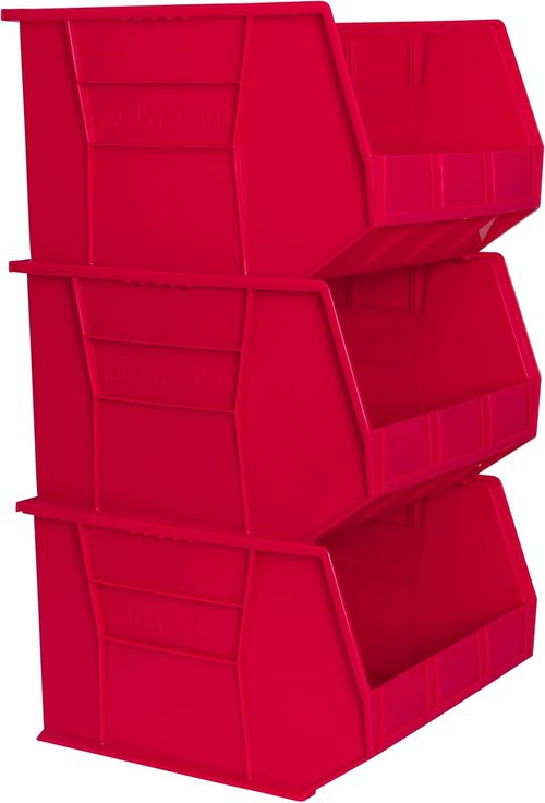 Akro-Mils Plastic Storage Bins - Space-Saving Stackable Organizers for Garage & Pantry | Red, 18" x 16" x 11", 3-Pack