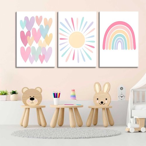 3Pcs Framed Pink Nursery Canvas Wall Art Rainbow Poster Kids Bedroom Baby Girls Toddler Pastel Wall Decor Prints Sun Boho Pink Sunshine Painting for Classroom School Nursery Decoration 16x24in