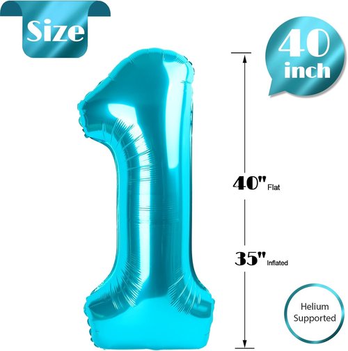 Light Blue Number 1 Balloon - 40 Inch 1st Birthday Decoration for Baby Boy or Girl