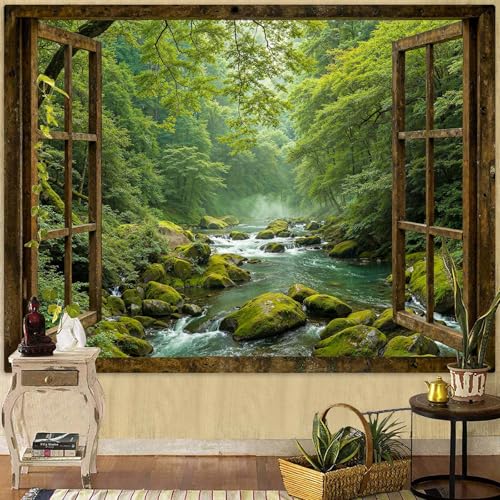 Green Forest Window Tapestry - Nature Stream Landscape Wall Hanging Decor