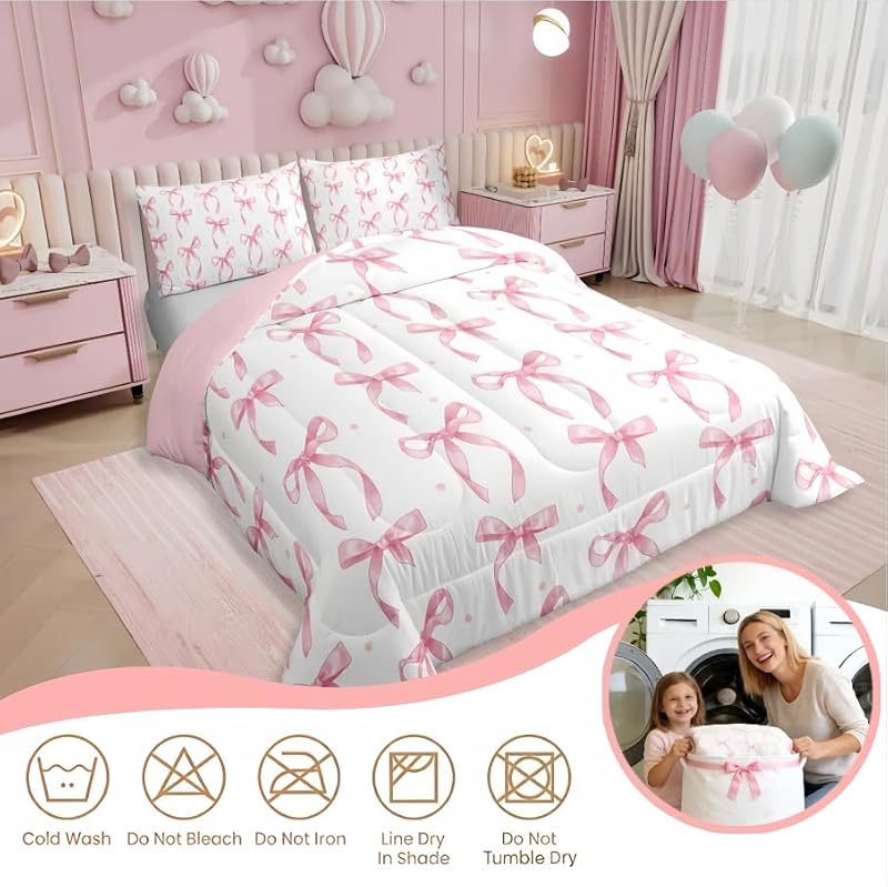 Twin Size Pink Bow Comforter Set, Cute Ribbon Bedding for Girls