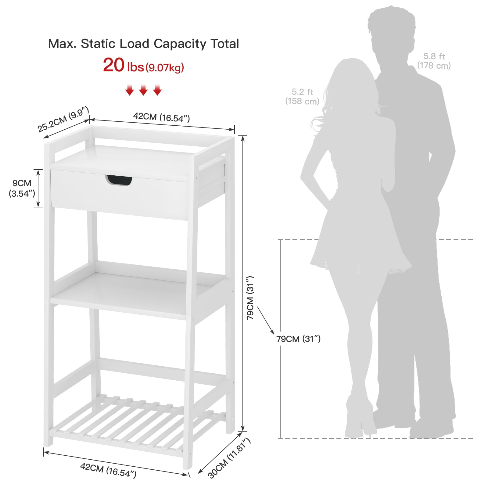 POXAKA 3 Tier Bamboo Bathroom Shelves with Drawer, Ladder Shelf for Bathroom Storage, Space-Saving Design, Stylish Display Nightstand, Stylish Storage Solution for Home, Living Room, Kitchen, Office