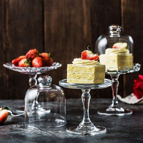 Decoret Mini Cake Stand Glass Cupcake Display Plate with Dome Cover Pedestal Dessert Stand Holder for Wedding Birthday Party Supplies (Flower)